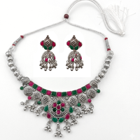 Urthn Oxidised Silver Choker Necklace Set with Pink & Green Beads & Assorted Jhumka Earrings(Pack of 3)