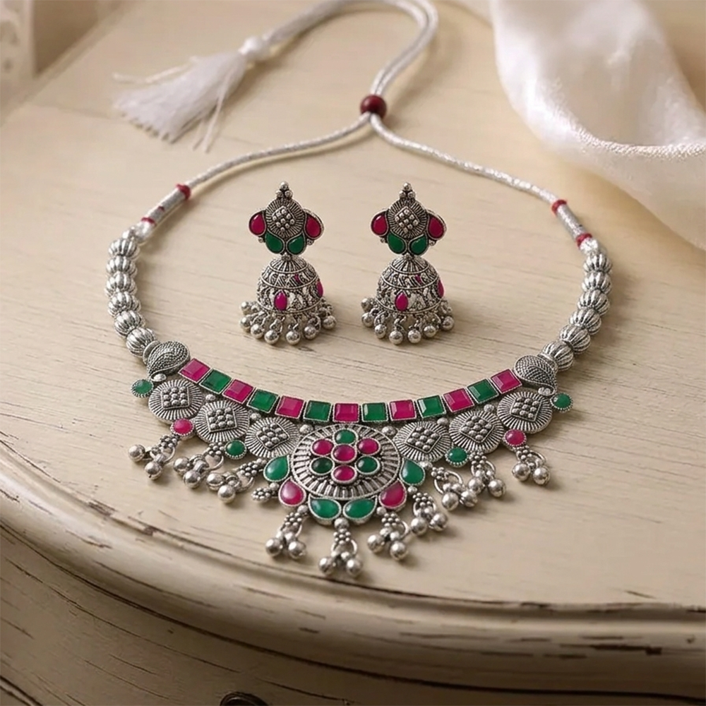 Urthn Oxidised Silver Choker Necklace Set with Pink & Green Beads & Assorted Jhumka Earrings(Pack of 3)