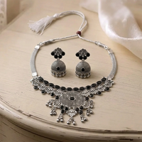 Urthn Oxidised Silver Choker Necklace Set with Black Beads & Jhumka Earrings(Pack of 3)