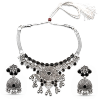 Urthn Oxidised Silver Choker Necklace Set with Black Beads & Jhumka Earrings(Pack of 3)