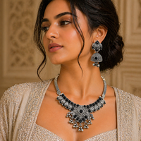 Urthn Oxidised Silver Choker Necklace Set with Black Beads & Jhumka Earrings(Pack of 3)