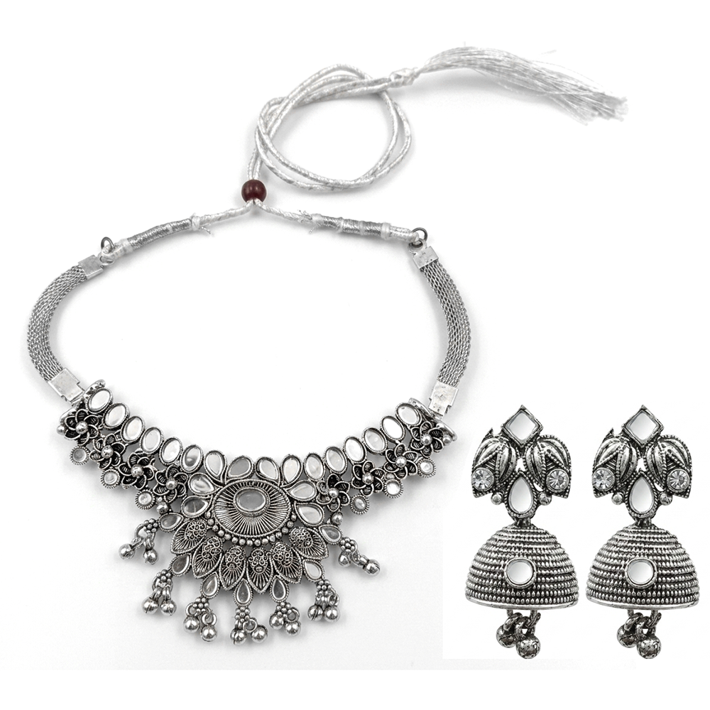 Urthn Oxidised Silver Choker Necklace Set with Mirror Work Beads & Jhumka Earrings(Pack of 3)