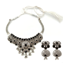 Urthn Oxidised Silver Choker Necklace Set with Black Beads & Jhumka Earrings(Pack of 3)