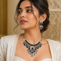 Urthn Oxidised Silver Choker Necklace Set with Black Beads & Jhumka Earrings(Pack of 3)