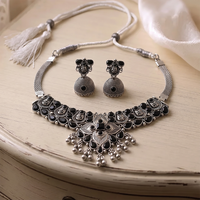 Urthn Oxidised Silver Choker Necklace Set with Black Beads & Assorted Jhumka Earrings(Pack of 3)