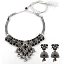 Urthn Oxidised Silver Choker Necklace Set with Black Beads & Assorted Jhumka Earrings(Pack of 3)