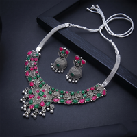 Urthn Oxidised Silver Choker Necklace Set with Pink & Green Beads & Jhumka Earrings(Pack of 3)