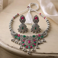 Urthn Oxidised Silver Choker Necklace Set with Pink & Green Beads & Jhumka Earrings(Pack of 3)