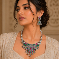 Urthn Oxidised Silver Choker Necklace Set with Pink & Green Beads & Jhumka Earrings(Pack of 3)