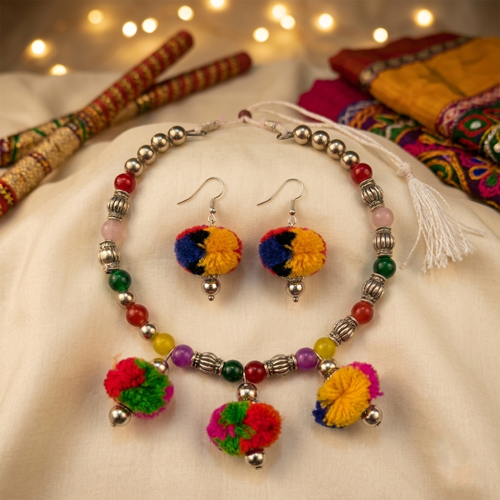 Urthn Traditional Oxidised Silver Tone Pom Pom Necklace Set for women(Pack Of 3)