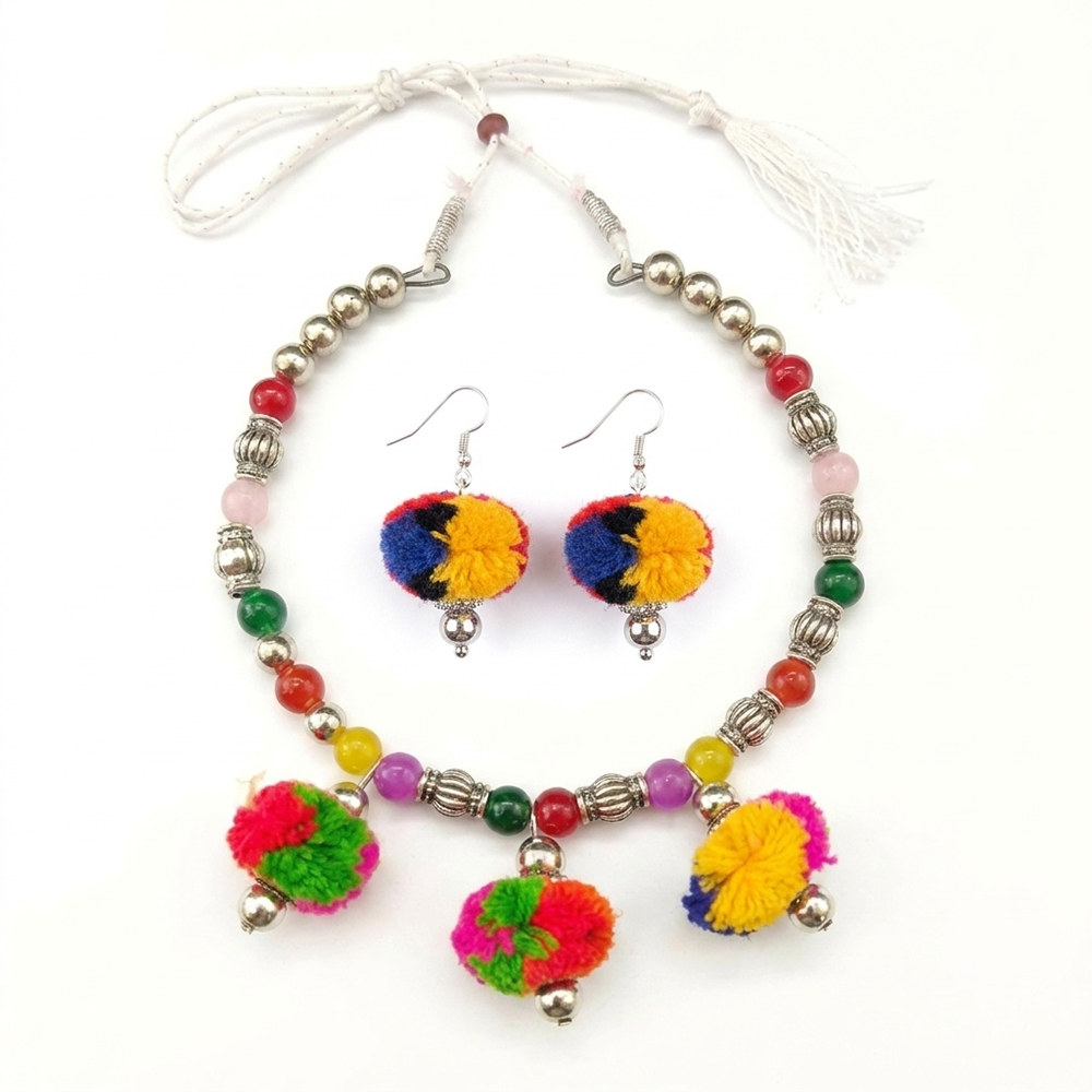 Urthn Traditional Oxidised Silver Tone Pom Pom Necklace Set for women(Pack Of 3)