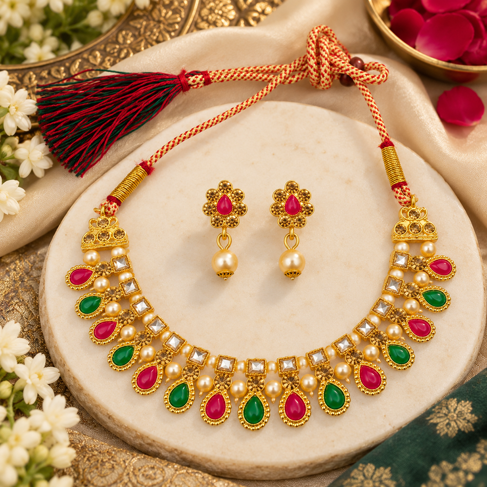 Urthn Gold Plated Pearl & Crystal Necklace Set for Women Traditional Jewellery 