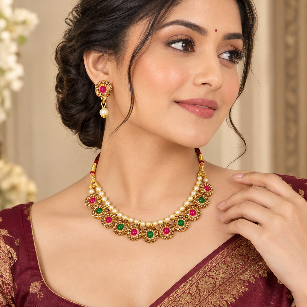Urthn Gold Plated Pearl & Crystal Necklace Set for Women Traditional Jewellery 