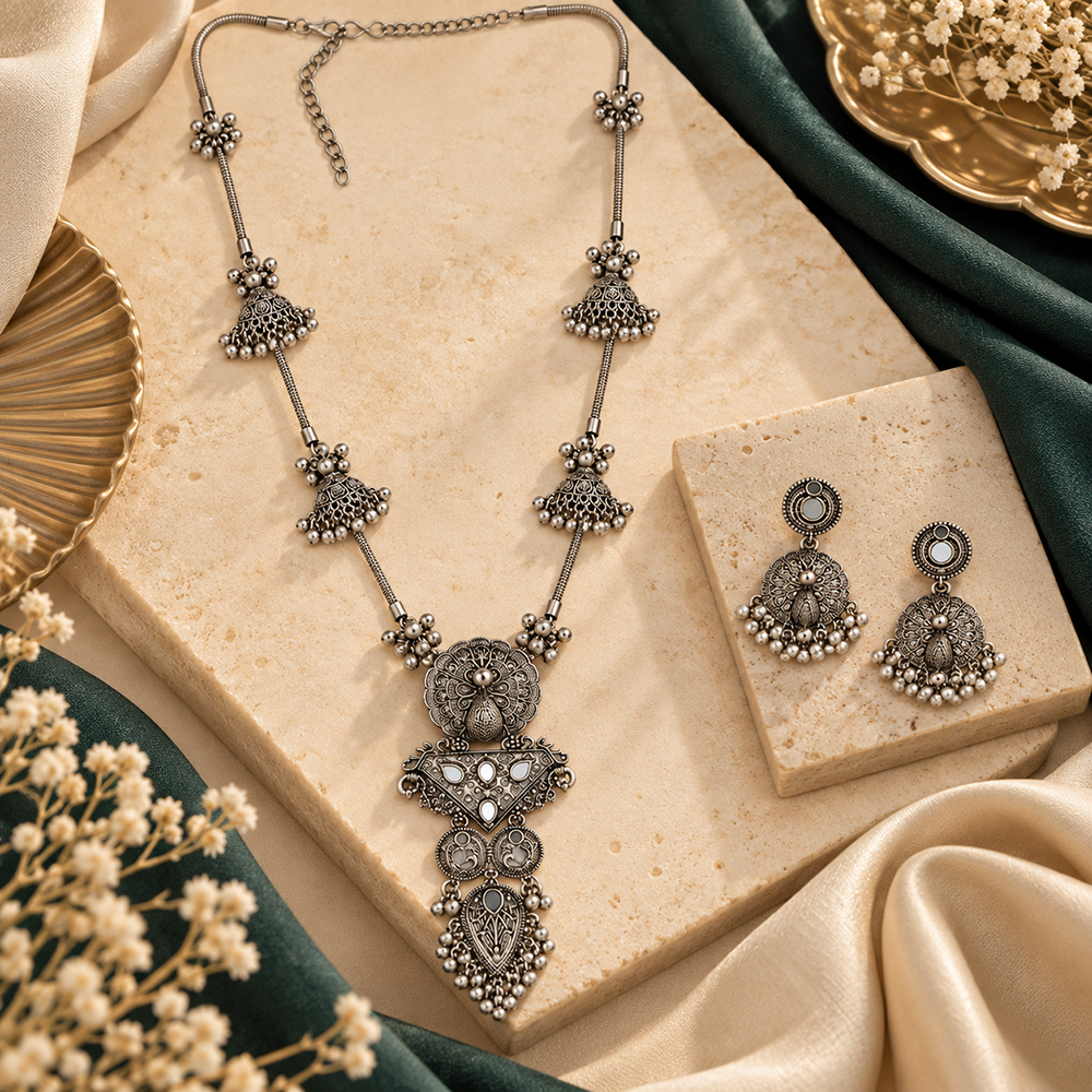 Urthn Oxidised Plated Mirror And Pearl Long Necklace Designer Jewellery Set