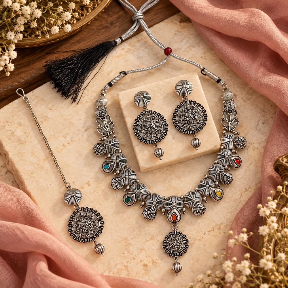Urthn Oxidised Plated Pota Stone Traditional Jewellery Set