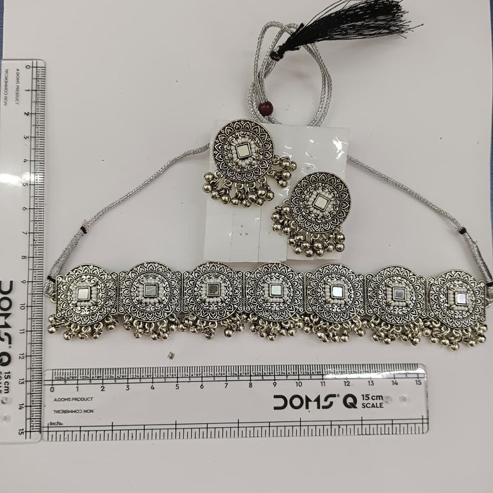 Urthn Oxidised Plated Traditional Mirror Choker Necklace Jewellery Set