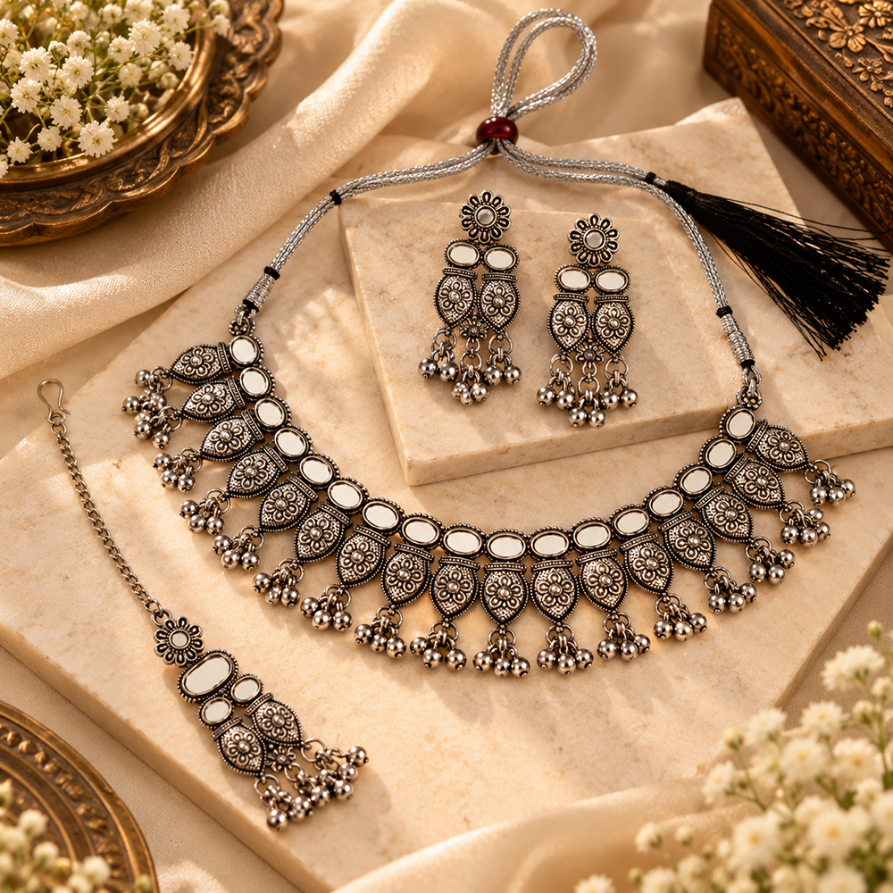 Urthn Oxidised Plated Traditional Mirror Choker Necklace Jewellery Set