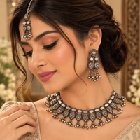 Urthn Oxidised Plated Traditional Mirror Choker Necklace Jewellery Set