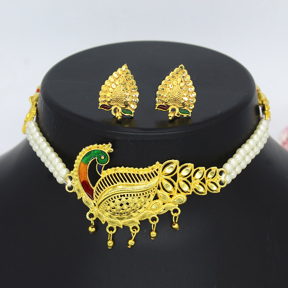 Mahavir Dye Gold Pearl Peacock Choker Necklace Set