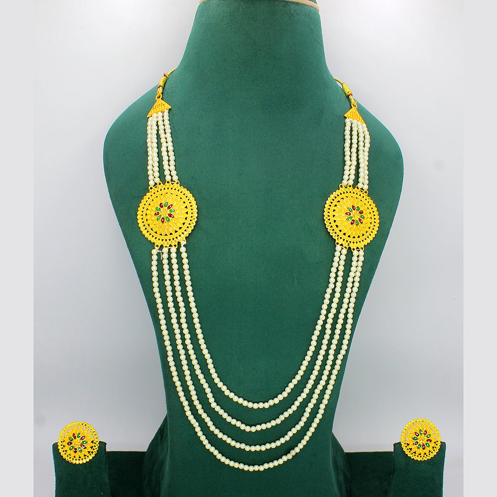 Mahavir Dye Gold Plated Pearl Long Necklace Set