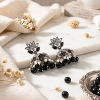 Wearhouse Fashion Oxidised Plated Pota Stone And Pearl Jhumki Earrings