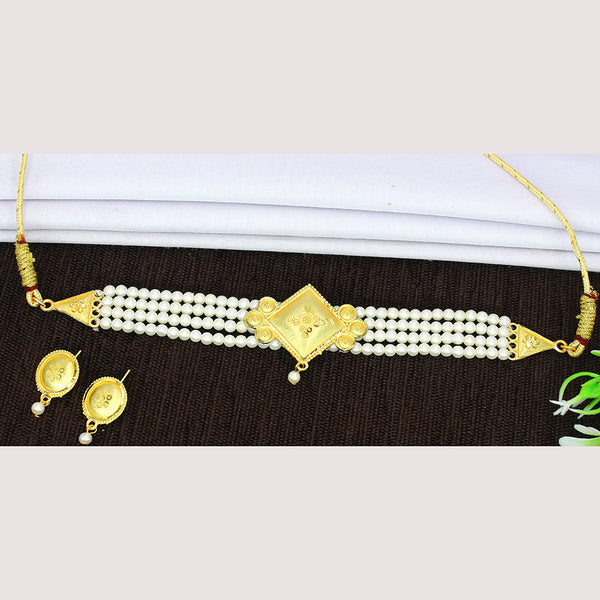 Mahavir Gold Plated Pearl Choker Necklace Set