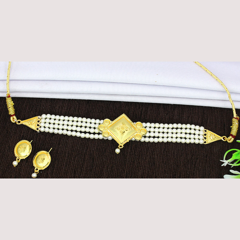 Mahavir Gold Plated Pearl Choker Necklace Set