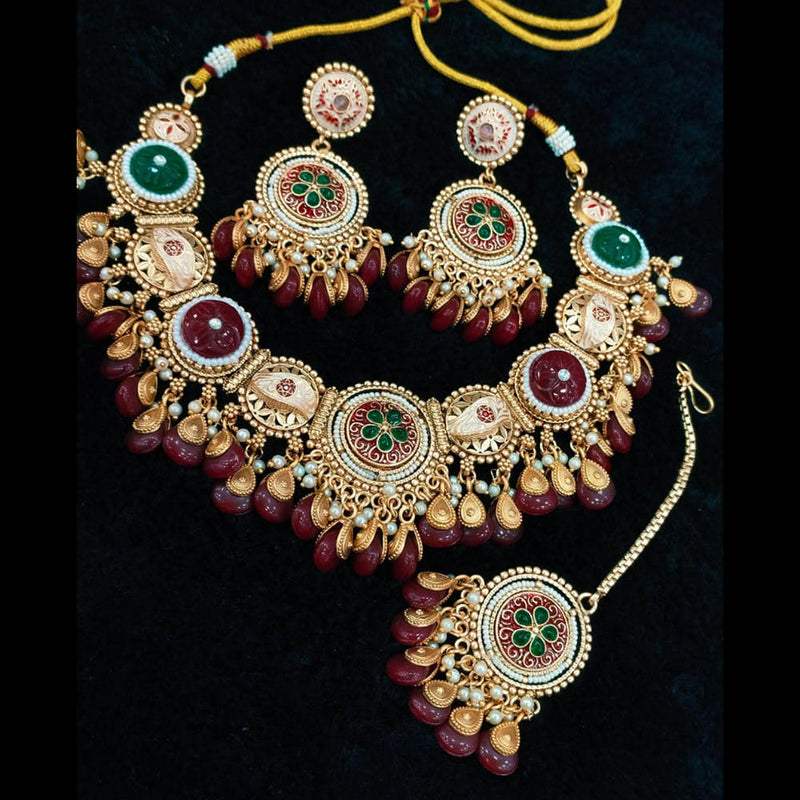 Everlasting Quality Jewels Gold Plated Pota Stone And Meenakari Necklace Set