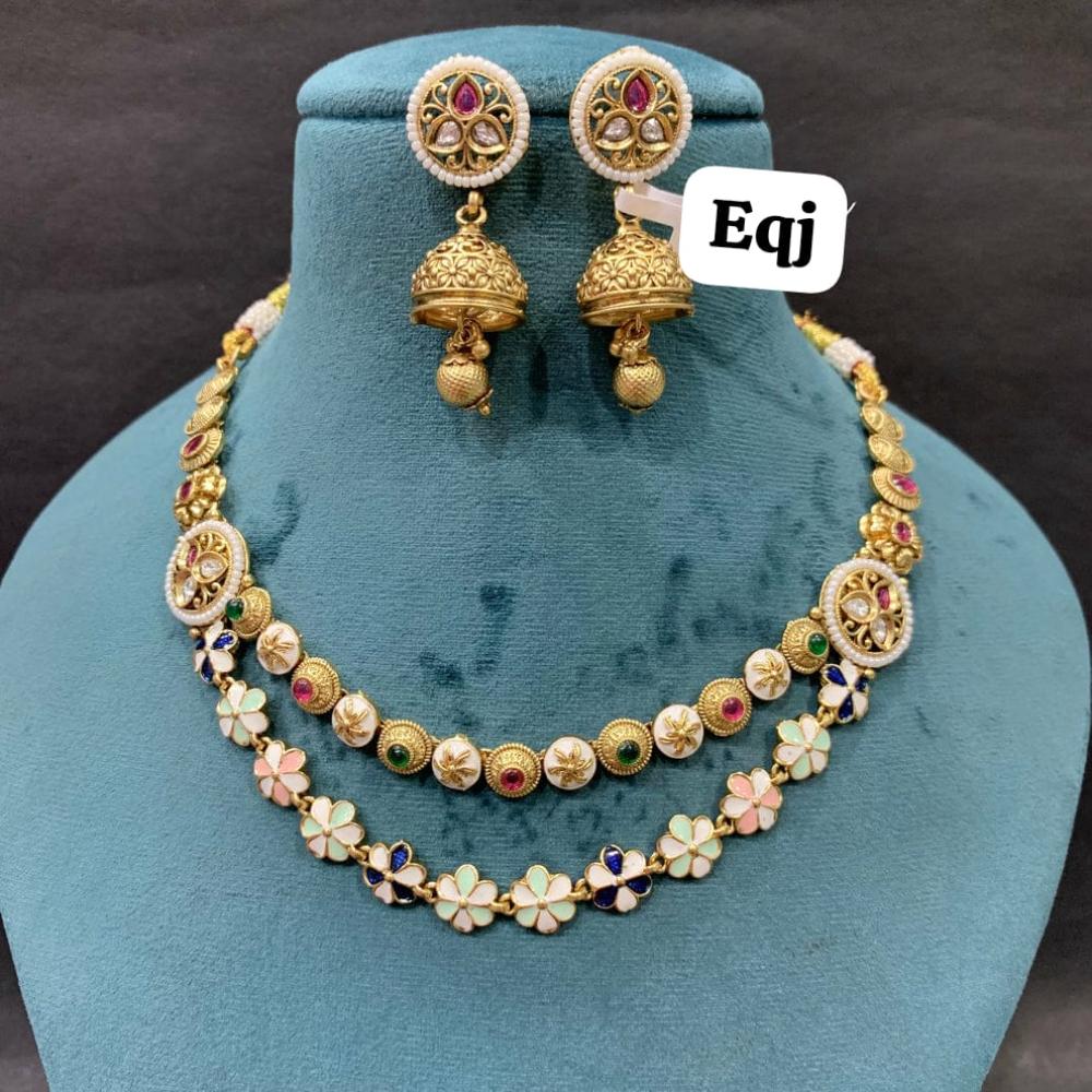 Everlasting Quality Jewels Gold Plated Pota Stone And Meenakari Necklace Set