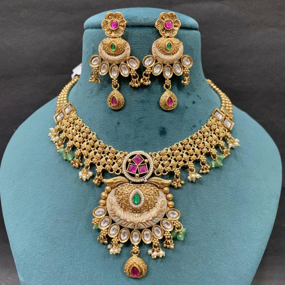 Everlasting Quality Jewels Gold Plated Pota Stone And Meenakari Necklace Set