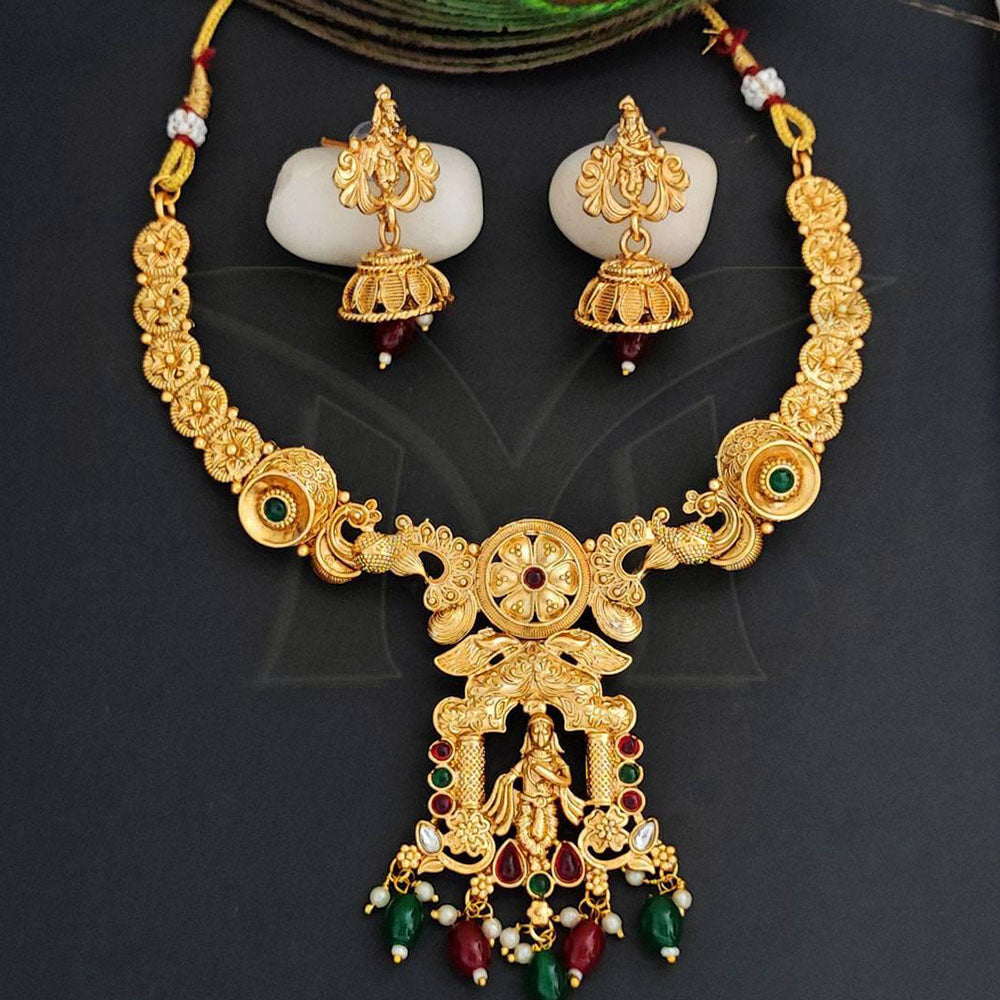 Everlasting Quality Jewels Gold Plated Pota And Beads Temple Necklace Set