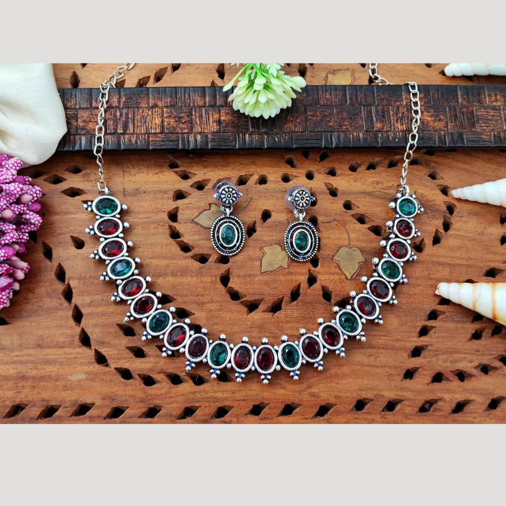 Everlasting Quality Jewels Oxidised Plated Regal Glow Pota Stone Necklace Set