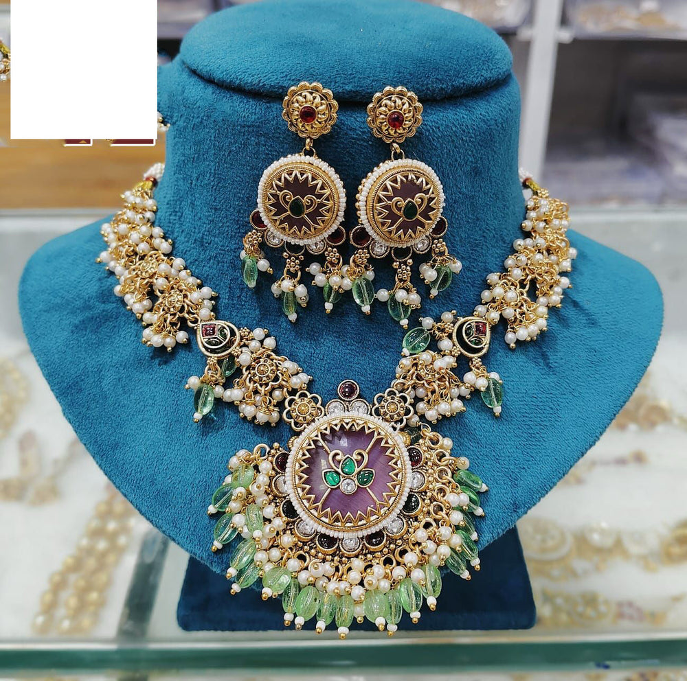 Everlasting Quality Jewels Antique Glow Pota Stone And Pearl Necklace Set