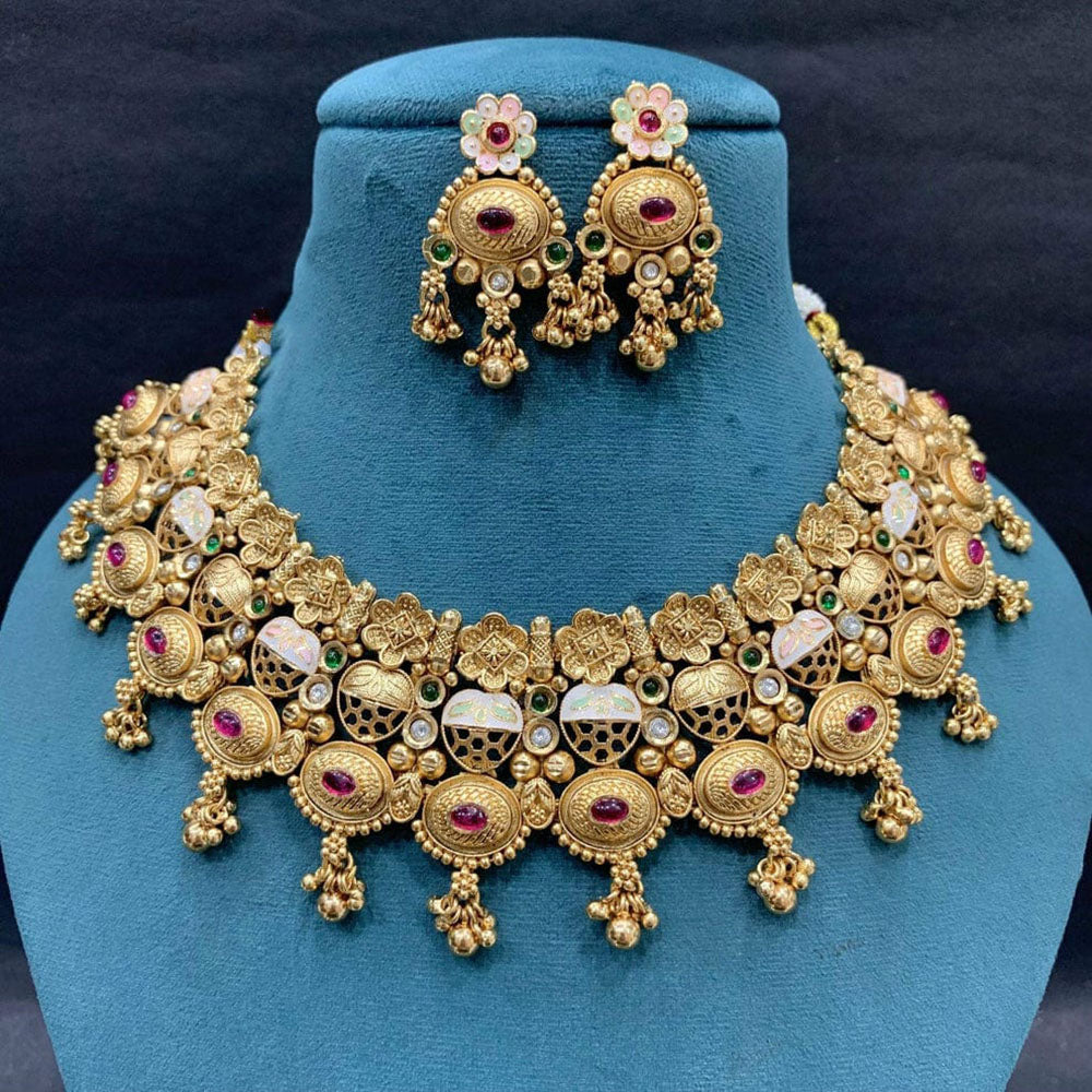 Everlasting Quality Jewels Designer Pota Stone And Pearl Meenakari Necklace Set