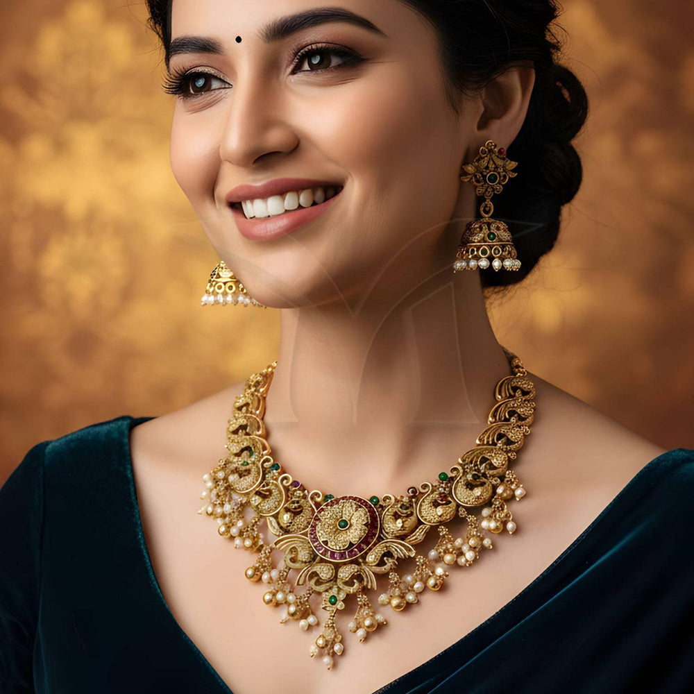 Everlasting Quality Jewels Grand Peacock Motif Temple Necklace Set
