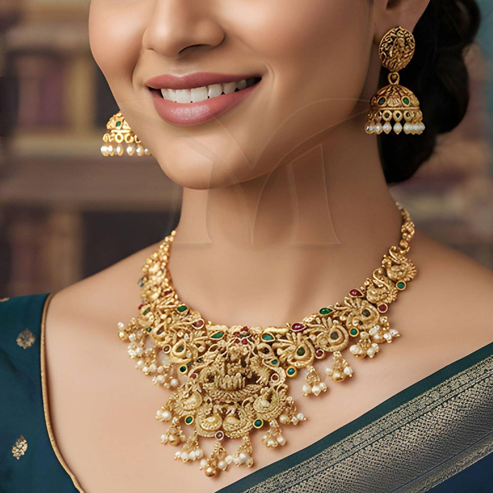 Everlasting Quality Jewels Divine Lakshmi & Peacock Temple Necklace Set