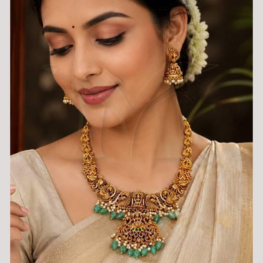 Everlasting Quality Jewels Pota Stone And Pearl South Indian Temple Necklace Set