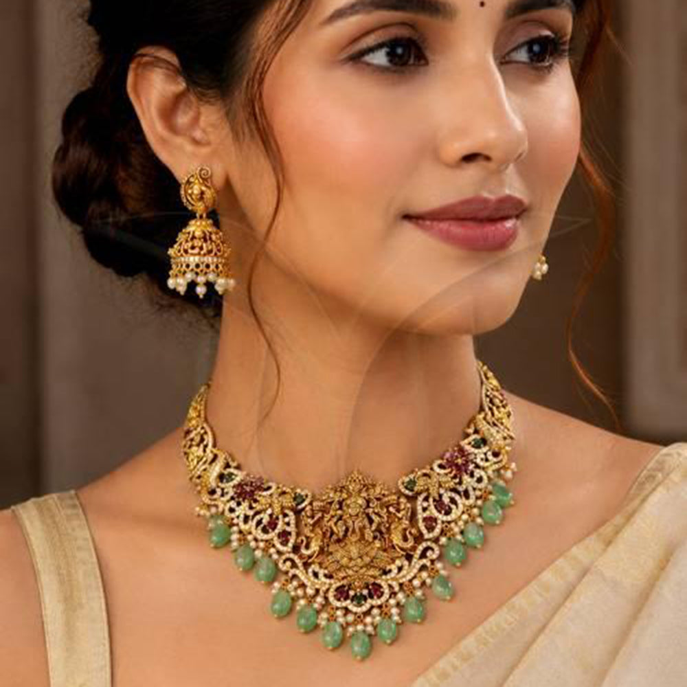 Everlasting Quality Jewels Pota Stone And Pearl South Indian Temple Necklace Set
