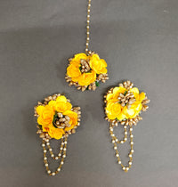 Darshana Jewels Yellow Floral Design Earrings With Maang tikka