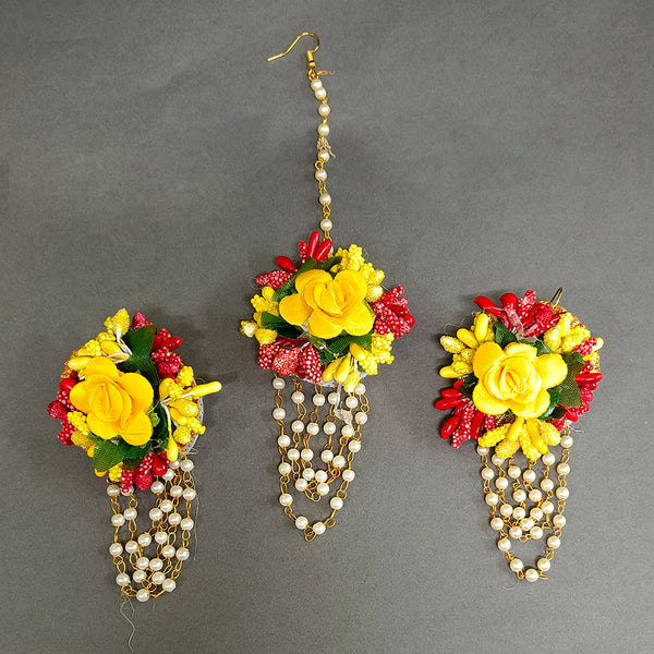 Darshana Jewels Floral Design Earrings With Maang tikka