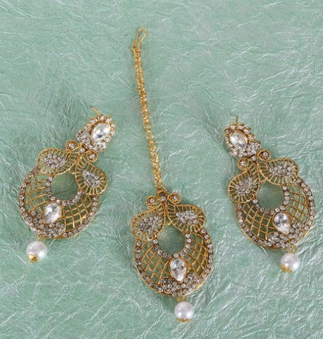 Darshana Jewels Gold Plated Dangler Earrings With Maangtikka