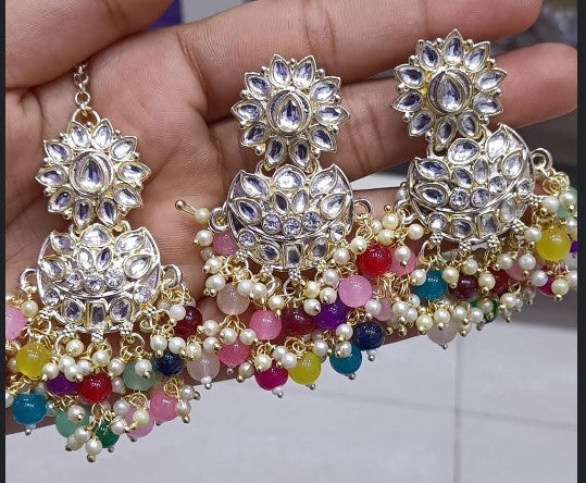 Darshana Jewels Gold Plated Kundan Dangler Earrings With Maang Tikka