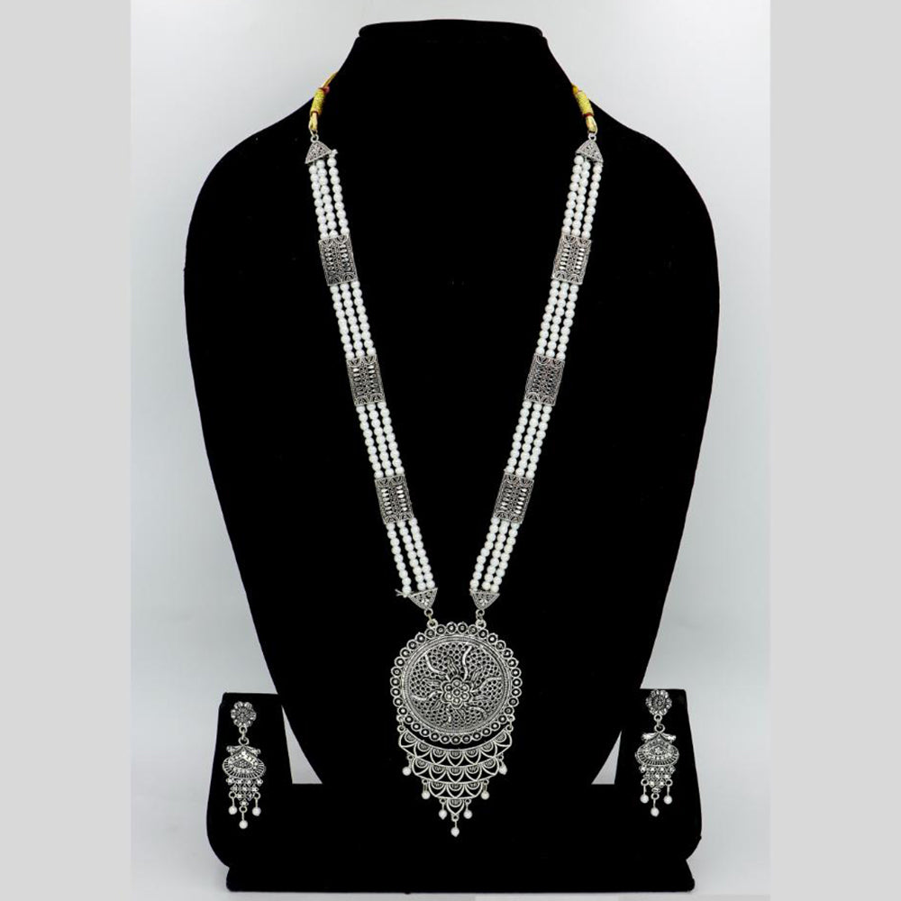 Mahavir Oxidised Plated Pearls Long Necklace Set