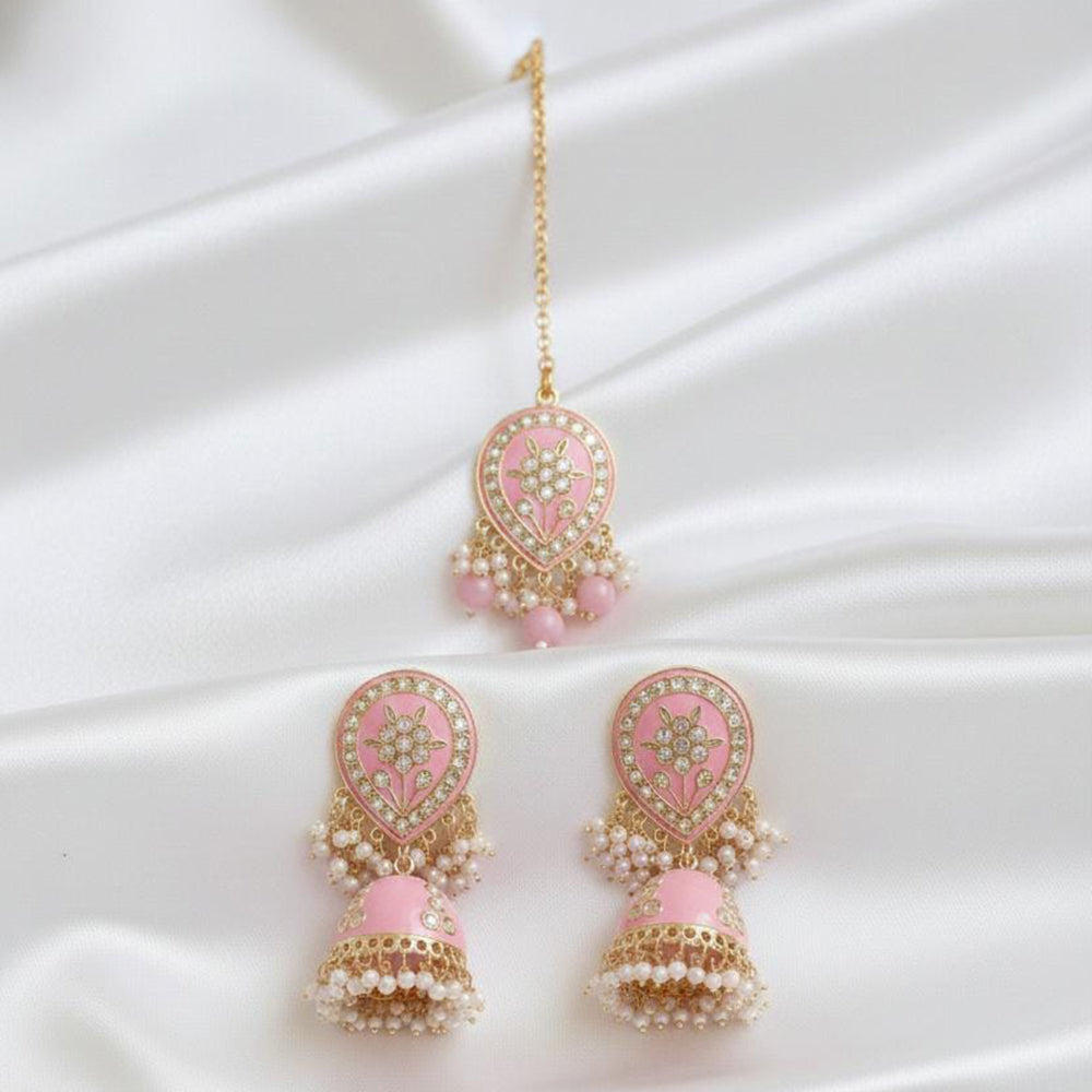 Sanshray Traditional Pearl Meenakari Jhumki Earrings With Maangtikka