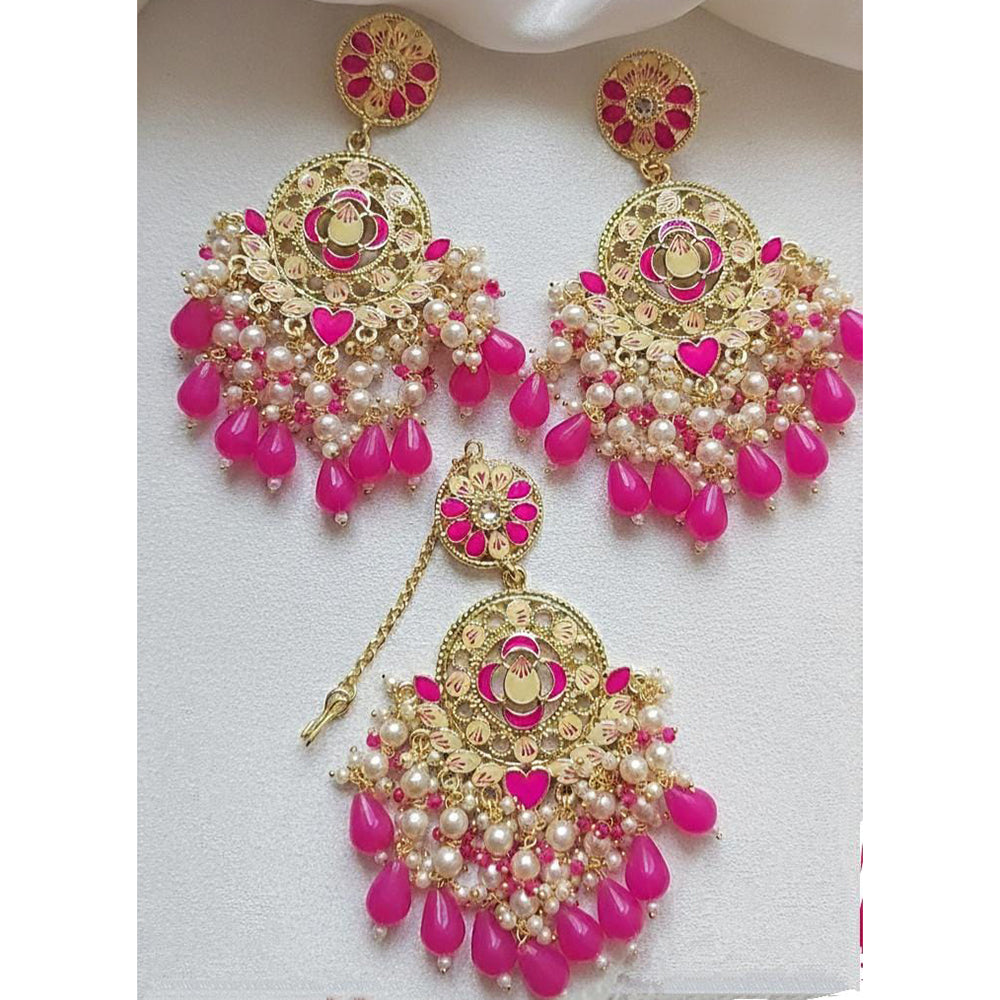 Sanshray Traditional Pearl Meenakari Dangler Earrings With Maangtikka