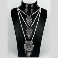 Mahavir Oxidised Plated Long Pearls Necklace Set