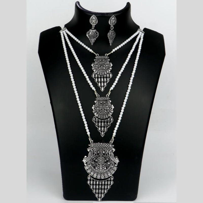 Mahavir Oxidised Plated Long Pearls Necklace Set