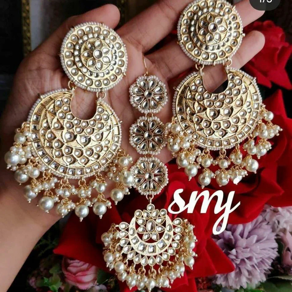 Darshana Jewels Gold Plated Kundan Stone And Beads Dangler Earrings With Maangtikka