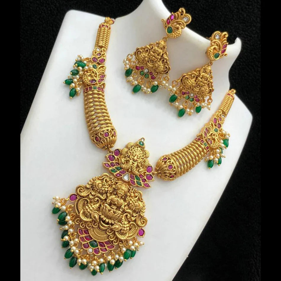 Darshana Jewels Gold Plated Pota Stone And Beads Temple Necklace Set