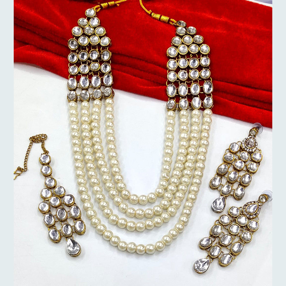FS Collection Gold Plated Kundan Stone and Pearls Long Necklace Set